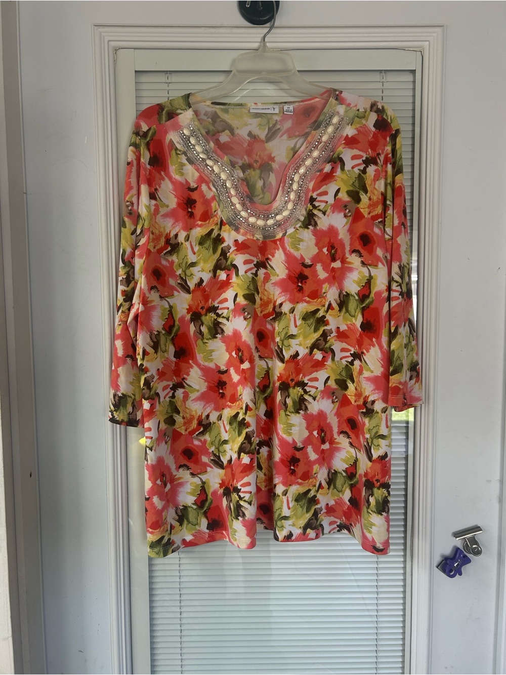 Susan Graver Coral Multi Floral Beaded Scoop Neck Tunic